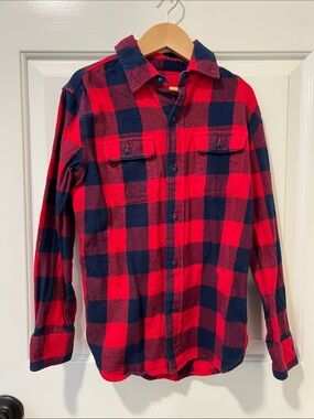 GAP Kids Classic Red and Navy Plaid Flannel Button-Down Shirt